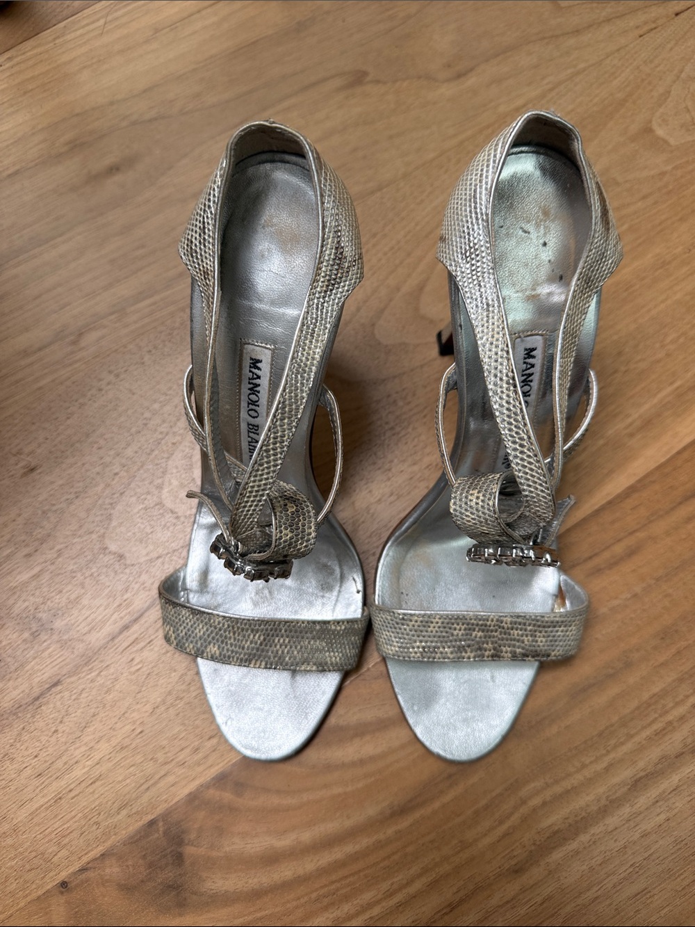 Manolo Blahnik Silver Front Buckle Strappy Heels